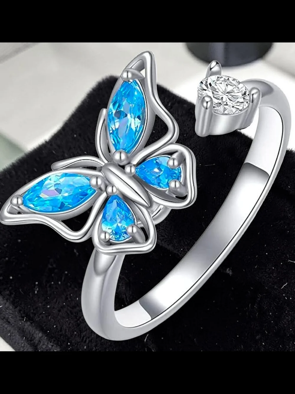 Blue Cubic Zirconia Butterfly Spinner Fidget Statement Ring